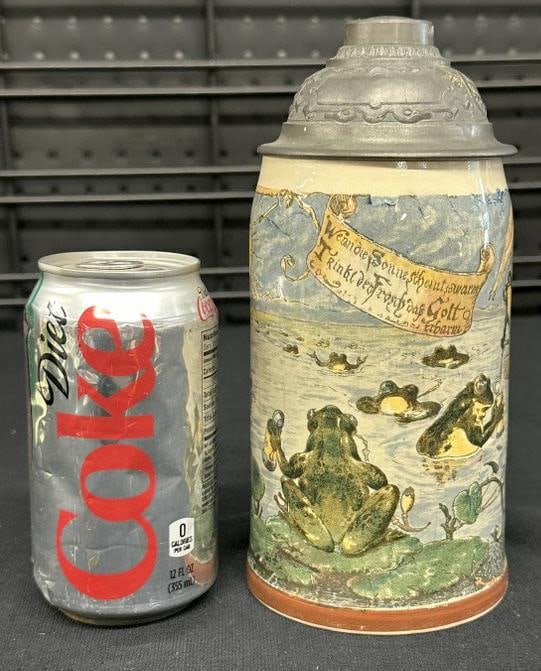 METTLACH half liter stein #1909/#1038 with frogs drinking, in nice estate condition. Measures 8" (1 of 5)