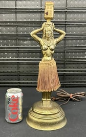 1940's Hawaiian Hula Girl white metal with gold finish mechanical table lamp, in working condition,