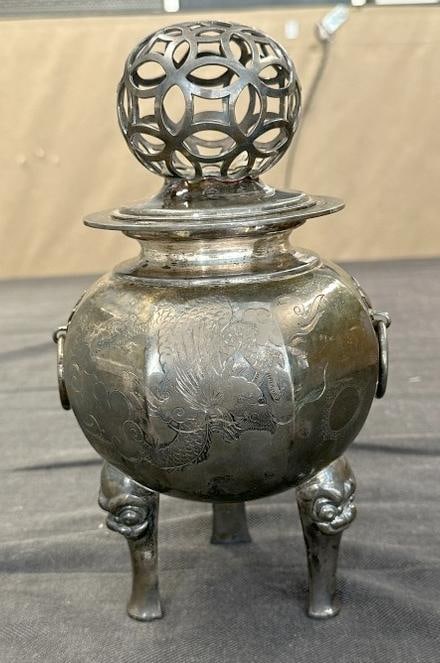 Korean sterling silver censar, from estate in Hudson Valley of a Korean family. The censar weighs: Korean sterling silver censar, from estate in Hudson Valley of a Korean family. The censar weighs 18.16 troy ounces, tested by our resident jeweler we work with, has a dragon on one side which wraps a