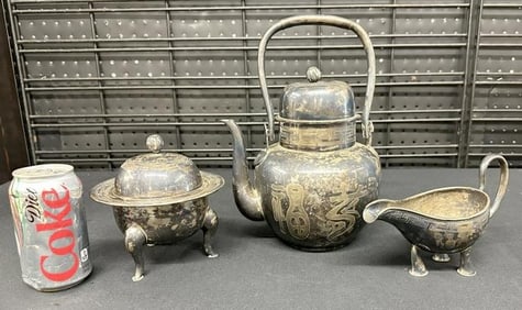 Korean sterling silver (3) piece teapot set including kettle, covered sugar dish and creamer, all