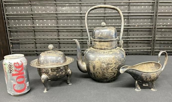 Korean sterling silver (3) piece teapot set including kettle, covered sugar dish and creamer, all (1 of 16)