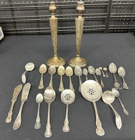 Estate lot misc. sterling flatware and pair weighted candlesticks from local estate. The weight