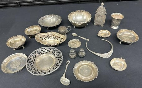 Estate lot sterling silver items, most all marked or hallmarked, one tray has a silver coin in