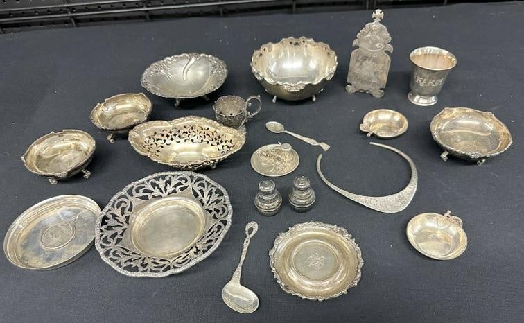 Estate lot sterling silver items, most all marked or hallmarked, one tray has a silver coin in (1 of 7)