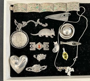 Estate lot sterling silver jewelry, pins brooches, bracelet, some Mexican, silver dollar pendant,