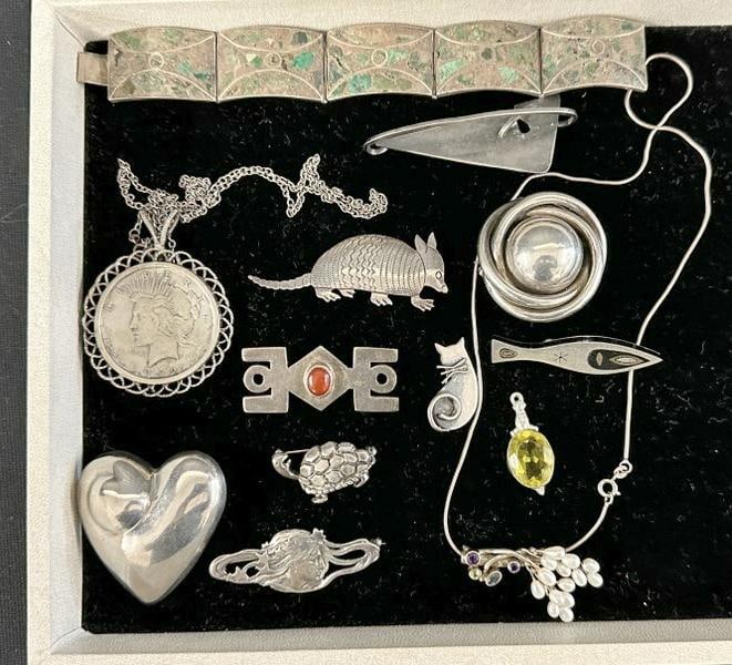 Estate lot sterling silver jewelry, pins brooches, bracelet, some Mexican, silver dollar pendant, (1 of 1)