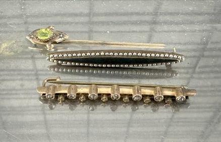 (3) estate 14K pins, one with diamond chips, one with pearls, and stick pin with green stone and