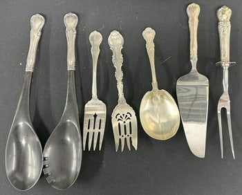 STERLING SILVER serving pieces lot to include sterling handle salad set, sterling handle serving