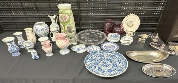 Estate lot misc. porcelains & glassware, with some silverplate items too….large handpainted vase,