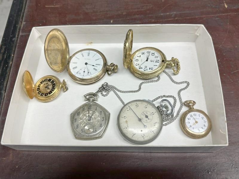 Estate pocketwatch lot, includes some older and not so old, just as we found them, gold filled is: Estate pocketwatch lot, includes some older and not so old, just as we found them, gold filled is the larger Waltham…..
