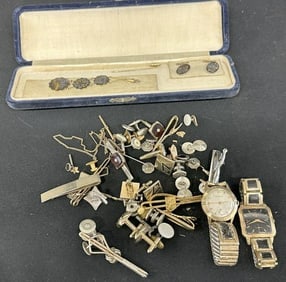 Estate lot (2) vintage wrist watches ( WITTNAUER & BENRUS ), and some cuff links, tie clasps, and