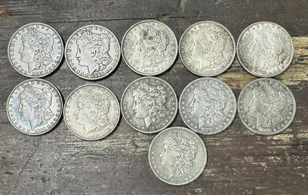 (11) MORGAN SILVER DOLLARS from local estate, just as we found them. Dates are 1189, 1891 O, 1899,