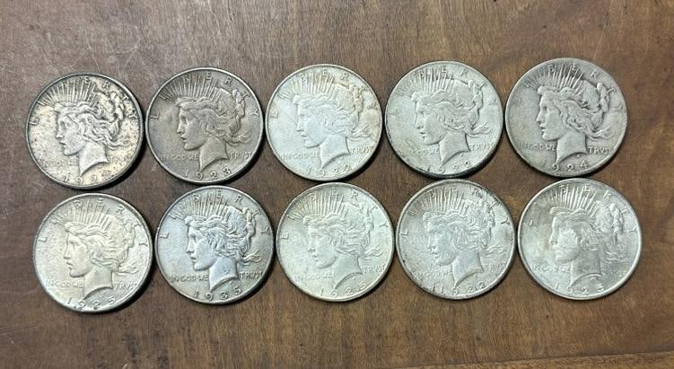 (10) PEACE SILVER DOLLARS from local estate, includes dates 1923, 1923, 1922, 1922, 1924, 1925, (1 of 2)