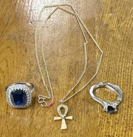 (3) pc. Estate jewelry lot to include 14K cross with chain and diamond chip, 14K saphire ladies ring