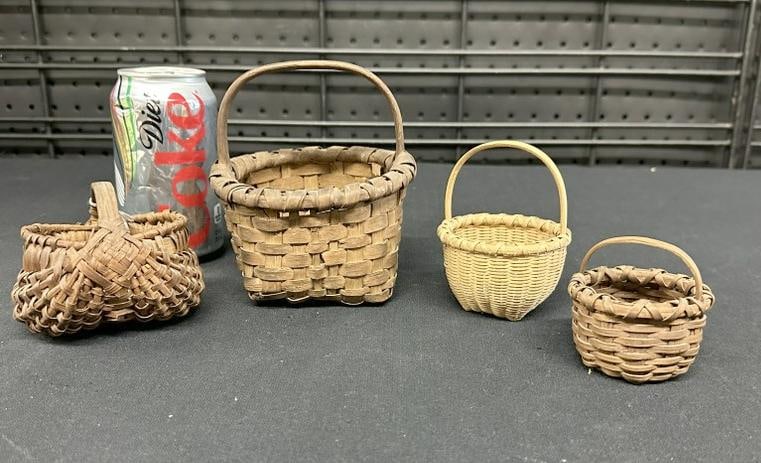 (4) miniature handmade baskets, found in old home in Hudson Valley, nice overall condition, to show (1 of 6)