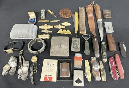 Misc. collectibles estate lot to include watches, some knives, some lighters, match safe, cigarette