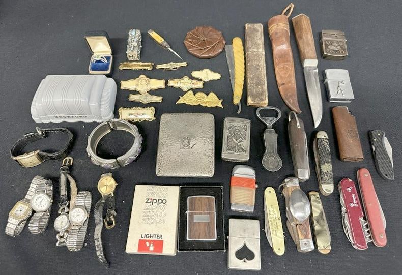 Misc. collectibles estate lot to include watches, some knives, some lighters, match safe, cigarette (1 of 11)