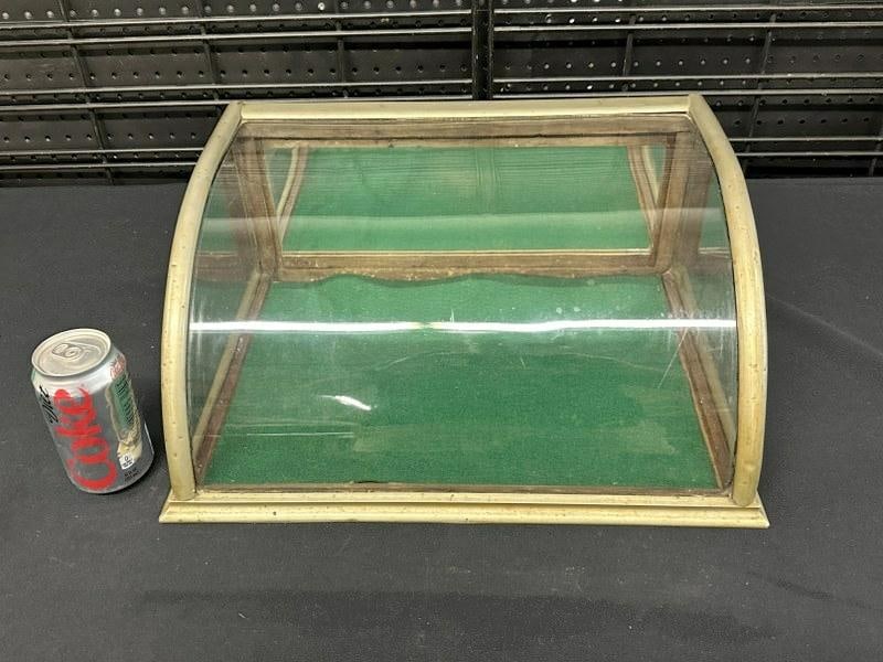 Circa 1900 small nickel plated curved glass counter top display case, mirrored back, door intact, (1 of 4)