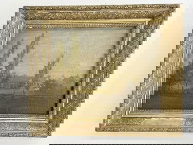 Wonderful primitive country o/c landscape with farmhouse and outbuildings, Man in dutch door looking