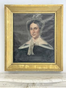 Early 19th c portrait of a Woman with bonnet, in nice period gilt frame, comes from Hudson Valley