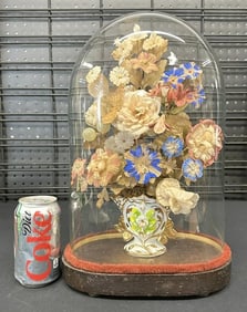 Early decorative handmade flowers in nice period dome in porcelain vase, from Hudson Valley estate.