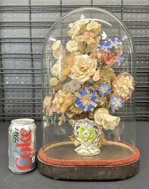 Early decorative handmade flowers in nice period dome in porcelain vase, from Hudson Valley estate. (1 of 4)