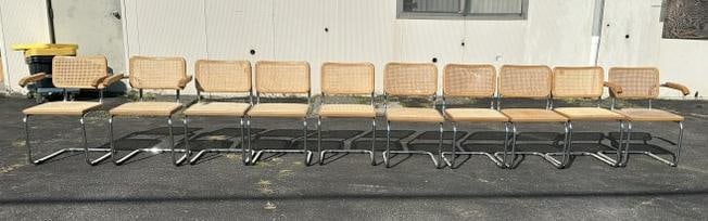 (10) MARCEL BREUR style chairs, includes (3) with arms, (7) without arms, the set has (3) with cane