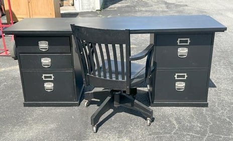 Contemporary Pottery Barn or IKEA black desk with swivel office chair, has a top that comes off and