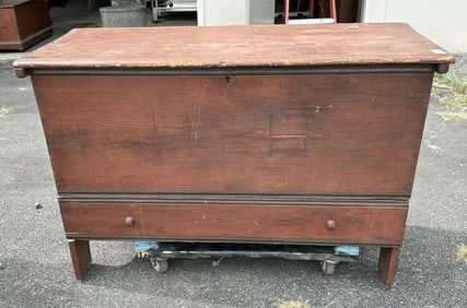 19th c pine blanket box with long drawer on base, has initials ( MH ) carved on front, comes from