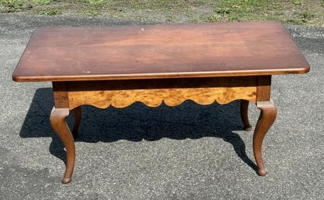 19th c tiger maple legs table, cut down at some point, nice scalloped edge, structurally sound, was