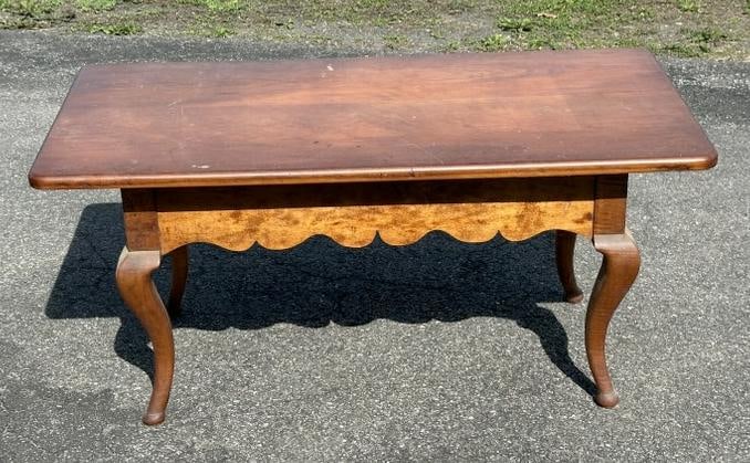 19th c tiger maple legs table, cut down at some point, nice scalloped edge, structurally sound, was (1 of 5)