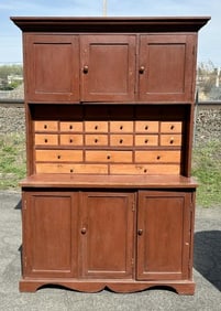 Wonderful 19th c stepback cupboard with apothecary like drawers in center, has nice older red finish
