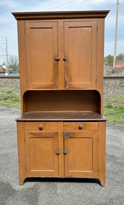 Wonderful 19th century stepback cupboard, pine, very nice worn paint finish and patina. From stone (1 of 6)