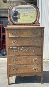 Circa 1910 quarter sewn oak dresser with mirror, from local estate, clean and structurally sound.