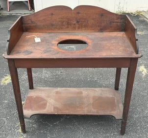 19th century pine country washstand with cut out for washbowl, from stone house in Stone Ridge, New