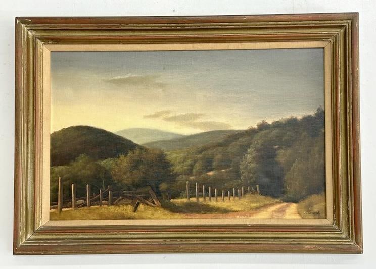 Stanley William Crane (1905 - 1973) wonderful o/c landscape with flowing mountains in background, (1 of 5)