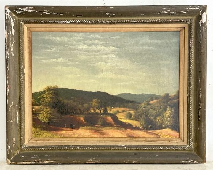 Stanley William Crane (1905 - 1973) wonderful large o/c landscape with trees blowing in foreground, (1 of 3)