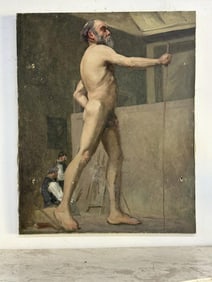 Circa 1920's o/c Nude Man with Artists painting behind him, possibly painted in Art School, not