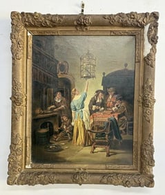 Circa 1910 o/c people in room congregating with Woman reaching up at bird cage, unsigned, from