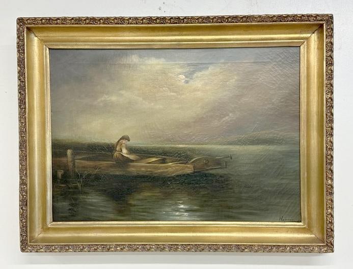 Circa 1900 o/c Woman in boat with head down, signed ( HATTIE ), from Albany, N.Y. area estate, nice: Circa 1900 o/c Woman in boat with head down, signed ( HATTIE ), from Albany, N.Y. area estate, nice overall condition, painting measures 19" x 27", the frame measures 25" x 32".