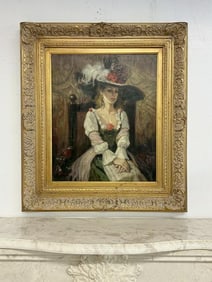 Signed ( PETER ALLEN ) o/c portrait of Woman in fancy hat seated in chair with hands on top of one