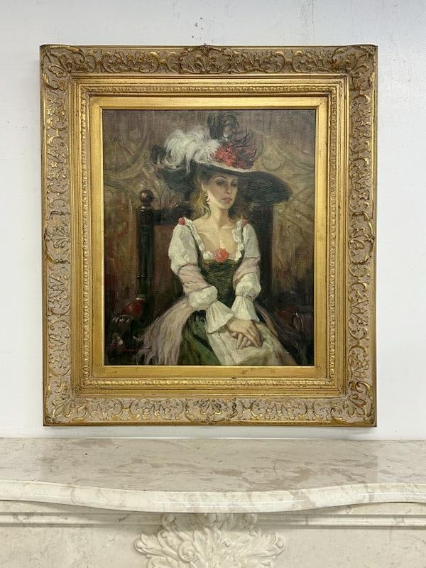 Signed ( PETER ALLEN ) o/c portrait of Woman in fancy hat seated in chair with hands on top of one (1 of 4)