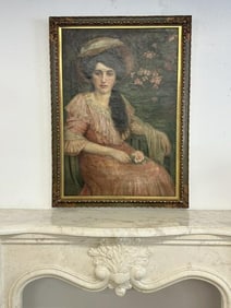 19th c o/c portrait of a pretty young Woman holding a rose, initialed ( JJB ), from Albany, N.Y.