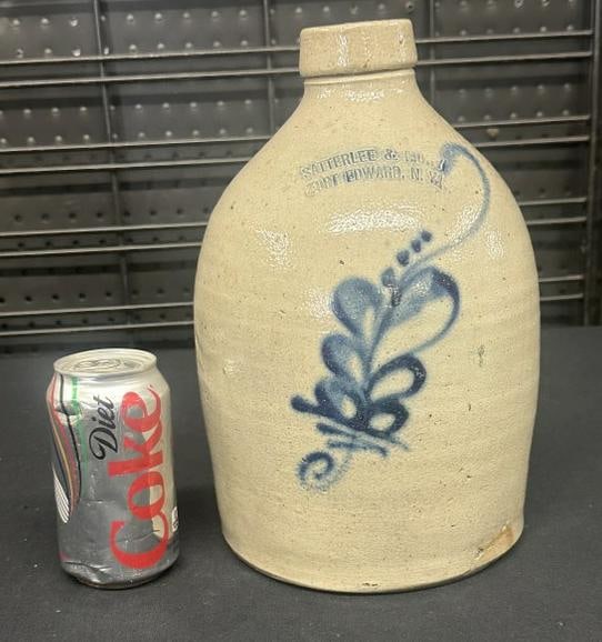 Satterlee & Mory, Fort Edward, N.Y. Stoneware Jug with flower decoration, nice overall condition, (1 of 4)