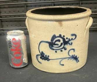 Decorated stoneware crock with flower, Maker unknown, nice estate condition, measures 7" high x 8"