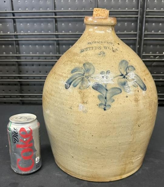 SOMERSET POTTERS WORK (2) gallon decorated stoneware jug with flowers. ( missing handle as pictured (1 of 4)