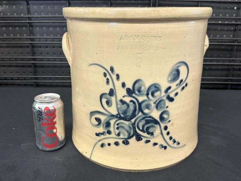ADAM CAIRE POKEEPSIE N.Y. (5) gallon decorated stoneware crock, nice overall condition, a few small (1 of 4)
