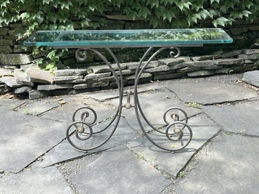 Nice estate decorative iron base console table in very nice condition, wonderful form, measures 48"