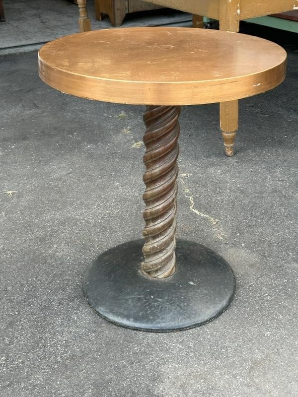 Circa 1950's copper top pub or café table, with twisted wood center and black iron base, was (1 of 2)