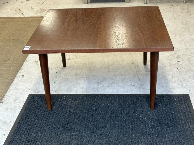 Clean 1950's teak with walnut leg coffee table, from local estate, measures 28" x 28" x 15" high.: Clean 1950's teak with walnut leg coffee table, from local estate, measures 28" x 28" x 15" high. Structurally sound, and clean finish….